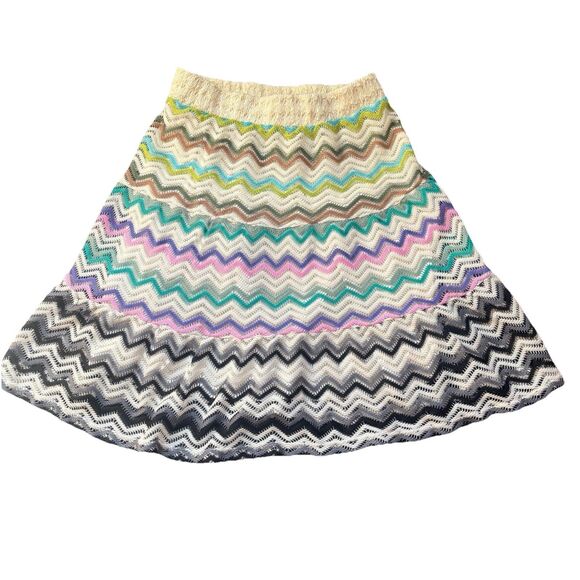 Vintage Lapis Crochet Chevron Knit Skirt Mini A-Line Y2K Boho Festival Stretch - Picture 1 of 11
